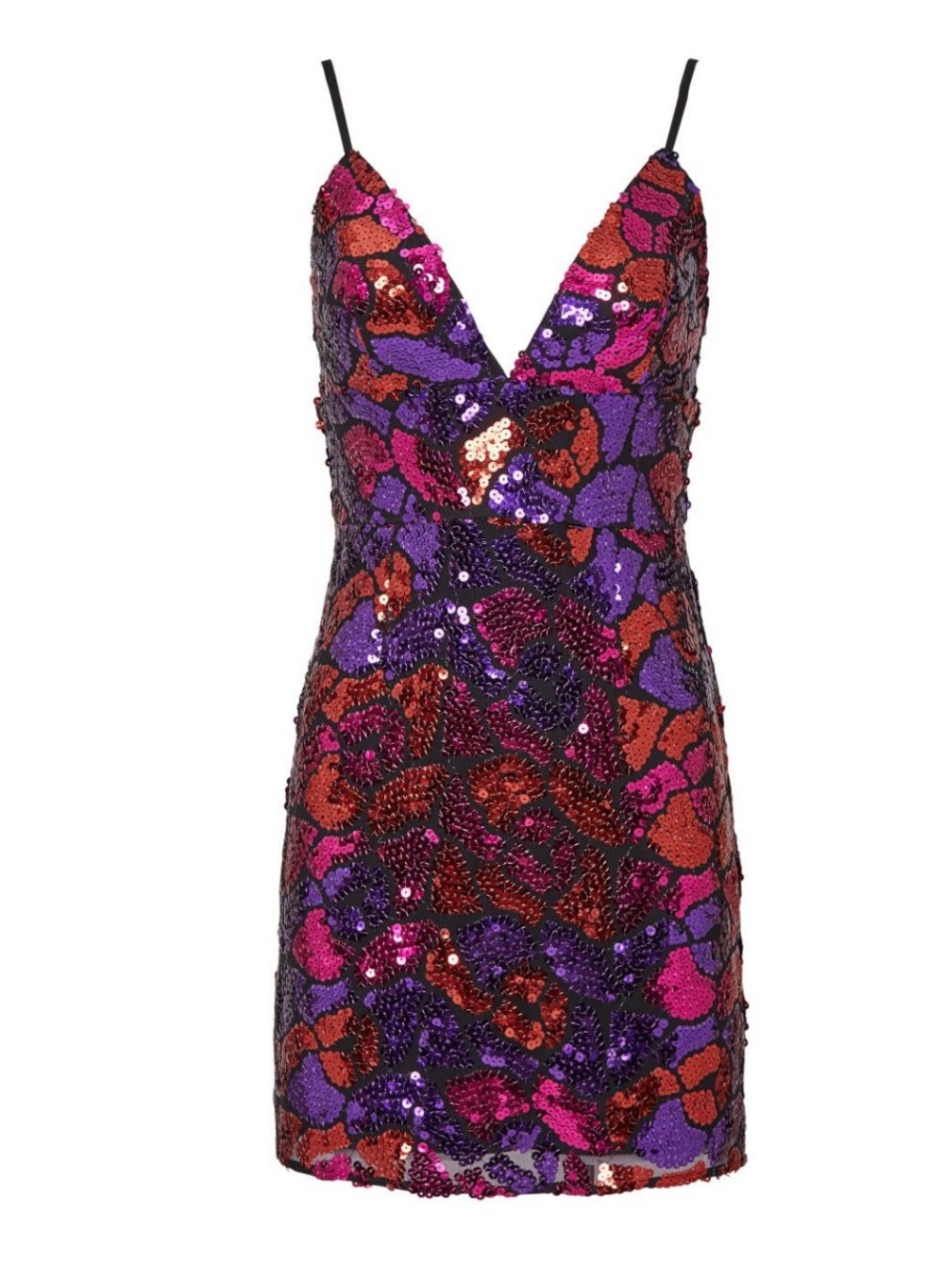 Hutch Multicolor Sequin V-Neck Spaghetti Strap Mini Dress - Purple, Pink & Red
